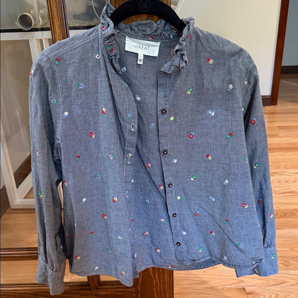 THE GREAT. Gray Floral Button Down Shirt